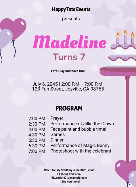 Is It Somebody's Debut, 7th, 60th, 50th, or 1st Birthday? To Ensure the Celebration Runs Smoothly, Make Sure to Carefully Plan the Program. To Help You Out, Template.net Offers Birthday Program Templates for Free. From the Script to the Party Flow, These Templates Provide Prewritten and Preformatted Content for Your Convenience. They're Also Fully Customizable for Your Personalized Experience. Program For Debut Party, 1st Birthday Party Program Flow, Birthday Program Template, Program Flow, Debut Program, Debut Party, Free Birthday, Childrens Birthday Party, Program Ideas