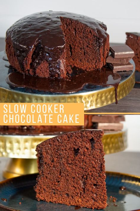 Slow Cooker Chocolate Cake - If you're after a cake with a soft velvety texture, moist crumb structure and an incredibly rich chocolatey taste, then slow cooker chocolate cake is where it's at. It's an effortless recipe with stunning results! Slow Cooker Recipes Cake, Cake In Slow Cooker, Cake In The Crockpot, Crockpot Chocolate Cake, Slow Cooker Cake Recipes, Slow Cooker Chocolate Cake, Slow Cooker Fudge, Slow Cooker Cake, Crockpot Cake