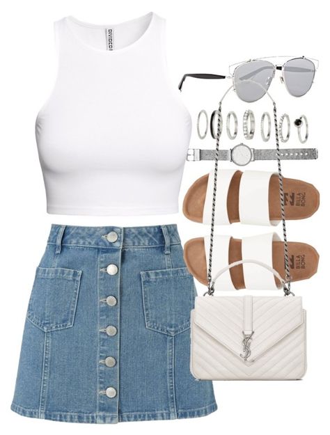 "Outfit with denim skirt and white tank top" by ferned on Polyvore featuring Miss Selfridge, Witchery, H&M, Billabong, Christian Dior and Yves Saint Laurent Outfit With Denim Skirt, Outfits With Denim Skirt, Jean Skirt Outfit, Polyvore Spring, Top Outfit, Closet Ideas, Skirt Outfit, White Sleeveless, Looks Style