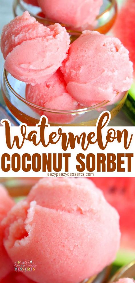 All you need is three simple ingredients to make an incredibly delicious watermelon sorbet! So creamy, you won't believe this dessert is healthy & vegan! Desserts With Watermelon, Watermelon Coconut Sorbet, Ninja Creami Watermelon Sorbet Recipes, Watermelon Deserts, Frozen Watermelon Recipes, Healthy Sorbet Recipes, Best Sorbet Recipe, Vegan Sorbet Recipes, Coconut Sorbet Recipe