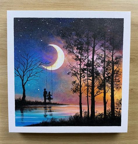 Moon Scenery Painting, Night Scenery Painting, Night Scenery Drawing, Village Drawing, Barcode Tattoo, Poster Color Painting, Drawing Scenery, Magic Night, Scenery Drawing