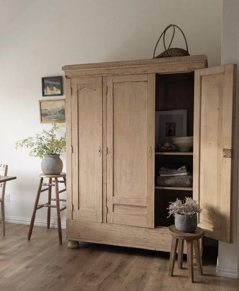 Large Armoire Bedroom, Armoire In Living Room, Diy Armoire, Modern Cottage Interior, Pine Shelves, Wooden Closet, Wood Armoire, Clean And Minimal, Wooden Storage Cabinet