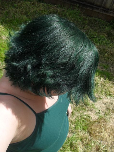 Manic Panic "Green Envy", used on unbleached, level 3 brown hair. Basically the best thing ever. Dark Fun Hair Color Ideas, Level 3 Brown Hair, Manic Panic Green Envy, Under Hair Dye, Manic Panic Hair Dye, Dark Hair Dye, Dark Green Hair, Blue Green Hair, Brown Hair Dye