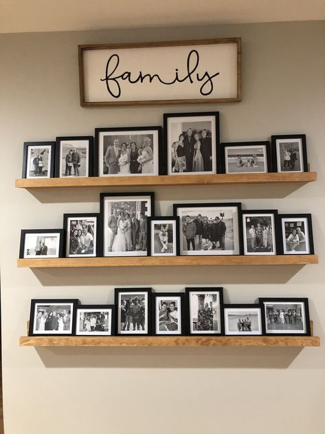 Mantle Family Picture Decor, Pictures On Living Room Wall Ideas, Home Decor With Photos, How To Style A Blank Wall In Living Room, Blank Wall Decor Living Room, Living Room Decor With Family Pictures, Over The Couch Picture Display, Picture Ledge Ideas Hallway, Halloween Picture Ledge