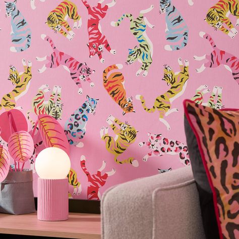 Unleash your wild side and get playful with colour with our bright tiger wallpaper. Featuring tumbling tigers in hot pink, blue and orange on a bubblegum pink background. A colourful print that’s made to stand out, you can have plenty of fun with this wallpaper by hanging in a bedroom or bathroom. Blue Pink Playroom, Bright Wallpaper Kids Room, Funky Wallpaper Bedroom Accent Walls, Fun Wallpaper Seamless, Wallpaper Wall Chic Fun, Pink Printed Wallpaper, Colored Wallpaper Decals, Powder Bath Wallpaper Colorful, Funky Wallpaper Laundry