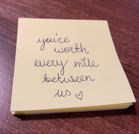 Yellow sticky note with long distance relationship quote 🤍 Love Note For Long Distance Boyfriend, Happy Journey Gifts For Boyfriend, Small Note To Boyfriend, Gifts With Notes Cute Ideas, Cute Message For Long Distance Boyfriend, Cute Notes From Boyfriend, Dear Boyfriend Letters Long Distance, Letter Ideas For Long Distance Boyfriend, One Year Anniversary Long Distance