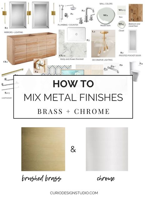 HOW TO MIX METAL FINISHES: BRASS + CHROME #interiordesign #metalfinishes #brass #chrome Mixing Brass And Chrome Living Rooms, Mix Chrome And Brass Bathroom, Mix Metal Bathroom Hardware, Mix Metals Bathroom Fixtures, Mixed Chrome And Brass Bathroom, Mixed Metals Master Bath, Mixed Metal Powder Room, Mixing Gold And Silver Bathroom Fixtures, Bathroom Decor Chrome Fixtures