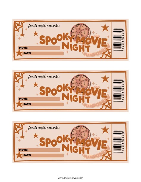 Spooky Movie Night tickets | Printable play – The Letter Vee Spooky Movie Night Basket, Printable Ideas Templates, Halloween Movie Night Tickets, Halloween Movie Night Printable, Halloween Movie Ticket, Christmas Night Ideas, Movie Tickets Printable, Diy Movie Night Decorations, Spooky Night Ideas