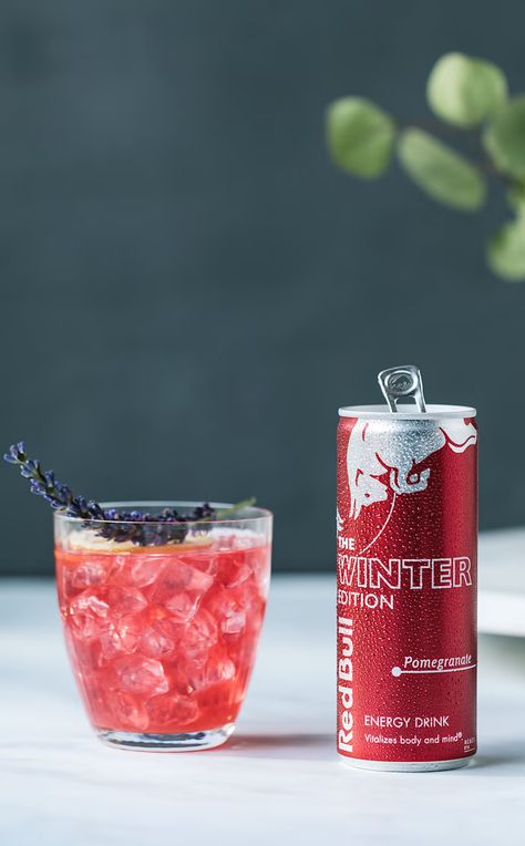 Red Bull Winter Edition Pomegranate Red Bull Flavors, Pomegranate Mocktail Recipes, Winter Mocktails, Red Bull Energy Drink, Ginger Syrup, Mint Sprig, Vanilla Syrup, Lavender Tea, Red Pomegranate