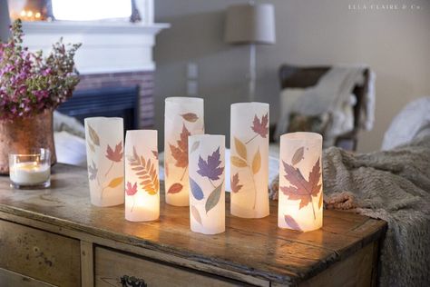 DIY Fall Leaf Luminaries Fall Candle Crafts, Leaf Luminaries, Diy Fall Candle Holders, Luminaries Diy, Luminary Diy, Leaf Candle, Leaf Candle Holder, Leaves Candle, Easy Fall Crafts