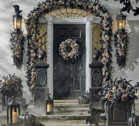 Porch Pillars, Skull Wreath, Easy Diy Halloween Decorations, Halloween Garland, Door Swag, Grandin Road, Gothic Skull, Halloween Porch, Easy Diy Halloween