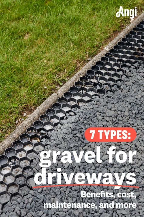 7 types of gravel for driveways with a background of gravel application Gravel Driveway Extension, Gravel Driveway Turnaround Ideas, Crushed Gravel Driveway, Gravel Grid Driveway, Crushed Rock Driveway, Driveway Reflector Ideas, Gravel Driveway Extension Ideas, Easy Driveway Ideas, Modern Driveway Entrance