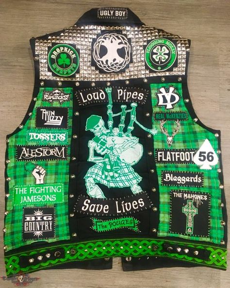 Irish and Celtic Punk Rock Battle Vest Irish Punk Style, Punk Vest Ideas, Battle Vest Ideas, Punk Belt, Punk Vest, Battle Vest Punk, Punk Rock Vest, Battle Vest, Battle Vest Back Patch