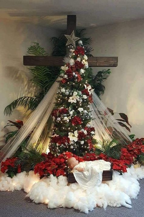 From the cradle to the cross, for a world that is lost.... Church Christmas Decorations, Church Altar Decorations, Christmas Stage, Cross Christmas Tree, Christmas Church, Diy Christmas Decorations, Religious Christmas, Altar Decorations, Christian Christmas