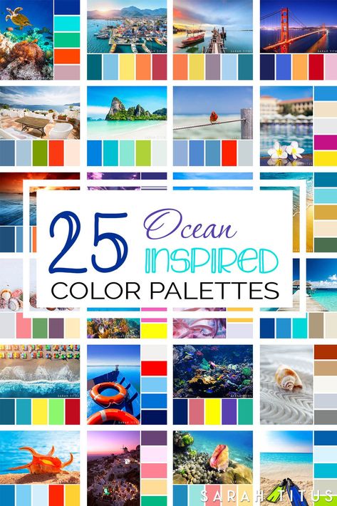 Don't lose your mind trying to figure out what colors go well together. These 25 Ocean Inspired Color Palettes will give all the inspiration you need to get the most beautiful results on all of your projects. #colorpalette #colorpalettes #ocean #oceancolorpalette Color Palette Combinations, Ocean Color Palette, Types Of Color Schemes, Color Palette From Image, Summer Color Palettes, Beach Color Palettes, Sarah Titus, Colours That Go Together, Paint Palettes