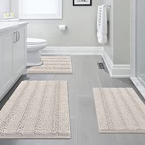 H.VERSAILTEX 3 Piece Thick Striped Bath Rugs Set for Bathroom Non Slip Soft Absorbent Bath Mat for Tub, Shower and Toilet(17''x24''+20''x32''+20''x24'' U-Shaped, Ivory) Large Bathroom Rug Ideas, Bathroom Rugs Ideas Master, Master Bath Rugs, Bathroom Mats Decor Bath Rugs, Bathroom Mats Decor, Long Bathroom Rugs, Grey Bathroom Rugs, Shower And Toilet, 3 Piece Bathroom