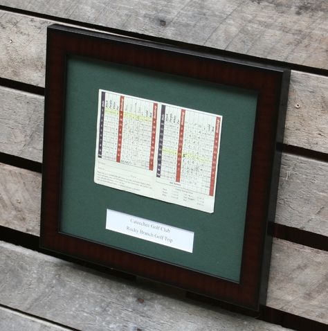 Golf Scorecard Display, Cards Display Ideas, Golf Score Card, Golf Tournament Prizes, Golf Scorecard, Golf Ball Displays, Golf Flag, Cards Display, Golf Score