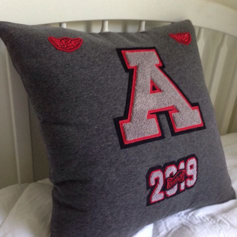 High School Letterman Jacket, Letterman Jacket Ideas, Wedding Dress Quilt, Letterman Jacket Patches, Graduation Display, Letterman Patches, Custom Varsity Jackets, Make A Pillow, Varsity Letters