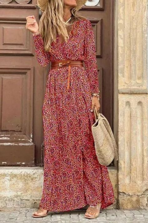 b29eed44276144e4e8103a661f9a78b7desc45446698ri Floral Wrap Maxi Dress, Cake Skirt, Estilo Country, Wedding Attire Guest, Bohemian Print, Fashion Bohemian, Printed Long Dresses, Long Dress Casual, Weave Style