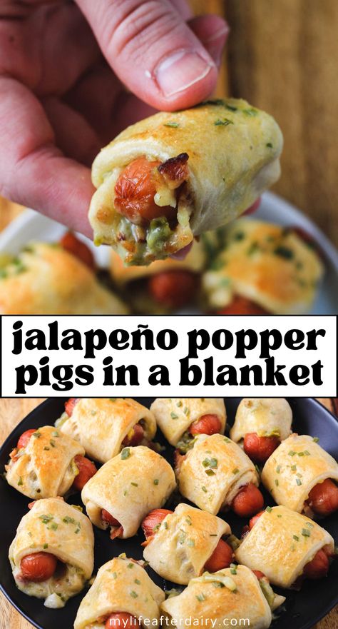 Get ready to spice up your appetizer game with these irresistible Spicy Jalapeño Pigs in a Blanket. Perfect for game day, parties, or a fun family snack, this recipe adds a zesty twist to the classic favorite. Each bite-sized delight features a juicy sausage wrapped in flaky pastry, with a kick of jalapeño heat that will leave your taste buds tingling. Easy to make and even easier to devour, these spicy treats are sure to be a hit at any gathering. Grab your ingredients and prepare to impress your guests with this flavorful and fun dish. Jalepeno Popper Pig In The Blanket, Game Day Pigs In A Blanket, Pigs In A Blanket Ideas, Party Food Crescent Rolls, Jalapeno Popper Pig In A Blanket, Smoked Jalapeño Poppers Pigs In A Blanket, Jalepeno Popper Lil Smokies, Jalapeño Popper Pigs In The Blanket, Jalepeno Popper Pigs In The Blanket