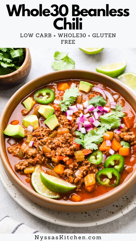 Simple and delicious Whole30 beanless chili is perfect for a cozy night in! Made with nourishing protein, a rainbow of healthy vegetables, and plenty of spices for deep and rich flavor. Easy to make and perfect for the whole family! Whole30, paleo, and gluten free. Healthy Slow Cooker, Chili Gluten Free, Beanless Chili Recipe, Beanless Chili, Healthy Slow Cooker Recipes, Whole30 Recipes, Healthy Vegetables, Cozy Night, Chili Recipe