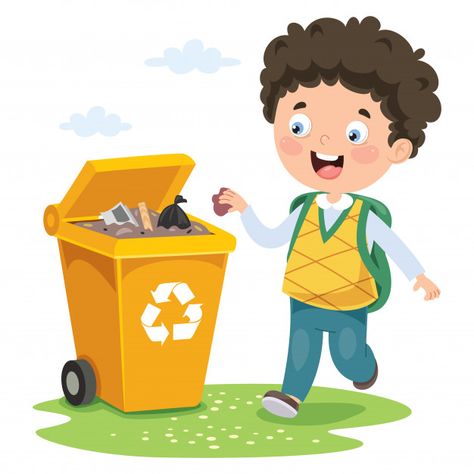 Kid throwing garbage in trash bin Premiu... | Premium Vector #Freepik #vector #water #children #nature #character Cleaning Cartoon, Recycle Sign, Penanda Buku, Zestaw Ikon, Kids Cleaning, Cartoon Posters, Kids Clipart, Trash Bins, Recycling Bins