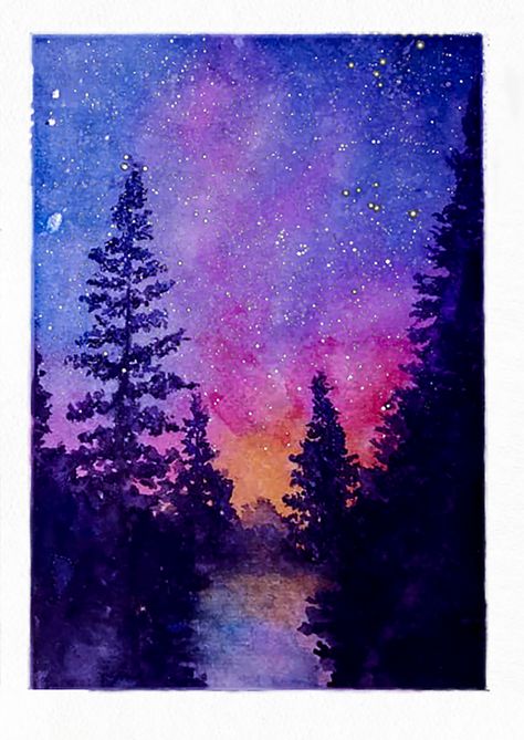 Colored Pencil Night Sky, Night Sky Pencil Drawing, Watercolor Art Northern Lights, Night Time Watercolor, Night Sky Watercolor Painting, Nighttime Watercolor, Night Watercolor Paintings, Watercolor Art Night, Northern Lights Painting Watercolors