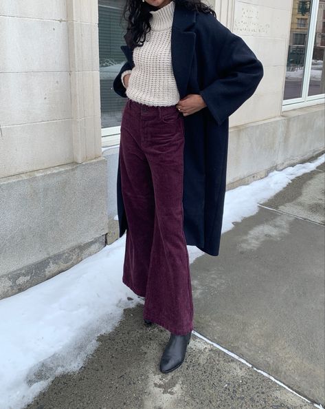 Purple Wide Leg Jeans Outfit, Styling Brown Corduroy Pants, Maroon Corduroy Pants Outfit, How To Style Brown Corduroy Pants, Purple Corduroy Pants Outfit, Dark Purple Pants Outfit, Burgundy Corduroy Pants Outfit, Wide Leg Corduroy Pants Outfit, Plum Outfit Ideas