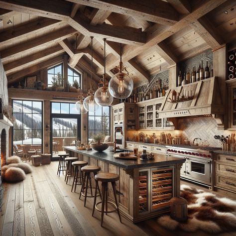 Immerse yourself in a rustic cabin kitchen with high wooden beams, a fireplace, reclaimed cabinets, and sleek granite countertops. Enjoy the elegance of vintage brass fittings, a copper sink, and a breakfast bar island. #CabinLife #RusticKitchen #GraniteCountertops #CopperSink #VintageKitchen #ReclaimedWood Ski Cabin Kitchen, Reclaimed Cabinets, Luxury Ski Chalet Interiors, Lodge Style House Plans, Breakfast Bar Island, Ski Chalet Interior, Rustic Cabin Kitchen, Chalet Kitchen, Lodge Kitchen