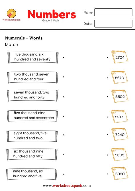 Students will practice the numerals and words with this free math worksheet. Numerals Worksheets, Math Year 4 Worksheets, Grade 4 Maths Worksheets, Year 4 Worksheets, Big Numbers Worksheets, Worksheet For Grade 6 Maths, Word Numbers Worksheet, Number In Words Worksheet Grade 3, Numbers As Words Worksheet