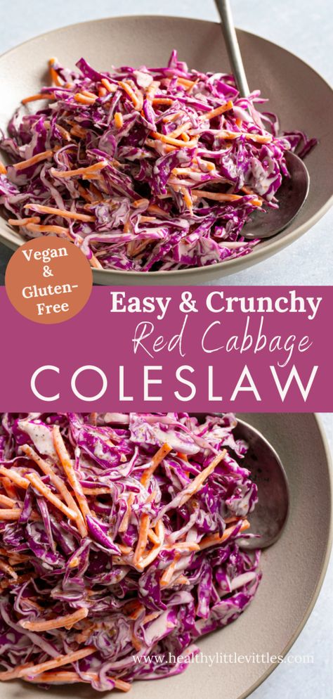 Easy & Crunchy Red Cabbage Coleslaw (Vegan!) Dairy Free Coleslaw, Cabbage Coleslaw Recipe, Red Cabbage Slaw Recipes, Healthy Bbq Side Dishes, Red Cabbage Coleslaw, Cabbage Coleslaw, Cabbage Slaw Recipes, Healthy Coleslaw, Red Cabbage Recipes