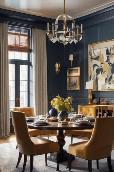 The Impact of Color on Mood: A Guide for Decorating Your Home Dark Walls Dining Room, Navy And Gold Dining Room, Navy Blue Dining Room Walls, Dark Blue Dining Room Walls, Navy Dining Room Walls, Blue Dining Room Ideas, Dining Room Ideas Modern, Navy Blue Dining Room, Blue Dinning Room