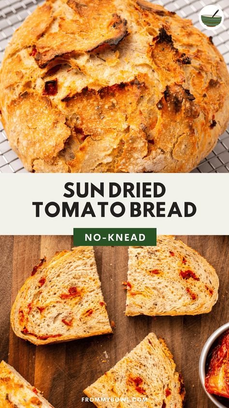 This No-Knead Sun Dried Tomato Bread has a crunchy and crispy crust on the outside, an airy and fluffy crumb on the inside, and a ton of chewy sun dried tomatoes throughout. Vegan. Sun Dried Tomato Bread, Artesian Bread, Hearty Bread, Garlic Baked, Dutch Oven Bread, Tomato Bread, Herb Bread, Artisan Bread Recipes, Asiago Cheese