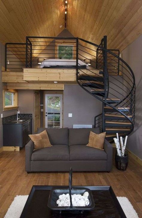 Spiral Stair, Tiny House Interior Design, Loft Studio, Stair Case, Transitional Living, Classic Living Room, Transitional Living Rooms, Tiny Spaces, Tiny House Interior