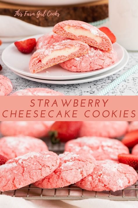 Strawberry Cream Cheese Cookies, Strawberry Cheesecake Cookies, Cheesecake Cookies Recipes, Strawberry Cake Mix Cookies, Cheesecake Cookie, Easy Cookie Recipe, Cake Mix Cookie Recipes, Strawberry Cookies, Cheese Cookies