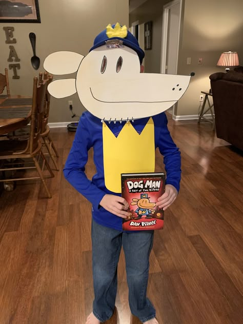 Dog man Costume we made for book character dress up day at school. Dog Man Book Week Costume, Dog Man Character Costume, Diy Dog Man Costume, Dog Man Book Character Costumes, Dog Man Costume Diy, Dogman Costume Kids Diy, Book Character Dress Up, Dogman Costume, Dog Man Costume