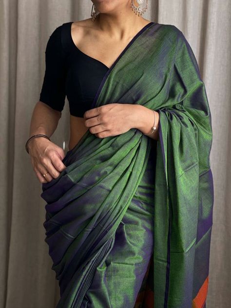 Green Cotton Saree, Check Saree, Bottle Green Saree, Hand Work Saree, Khadi Fabric, Soft Cotton Saree, Checks Saree, Board Room, Dress Materials Cotton