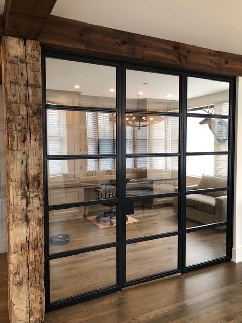 Interior Steel Glass Doors - Modern - Home Office - Chicago - by Exclusive Windows, Inc. | Houzz Steel Doors Interior, Indoor Sliding Glass Doors, Basement Glass Wall, Glass Wall Office Design Modern, Gym Glass Wall, Glass Doors For Office, Home Office With Glass Walls, Indoor Glass Wall, Glass Interior Walls