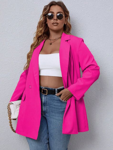 Hot Pink Elegant Collar Long Sleeve Fabric Plain Regular Embellished Non-Stretch Spring/Fall Women Plus Clothing Dark Pink Shirt Outfit, Hot Pink Blouse Outfit, Pink Blouse Outfit, Pink Shirt Outfit, Hot Pink Blouse, Plus Size Blazers, Business Casual Minimalist, Summer 90s, Blazer Plus Size