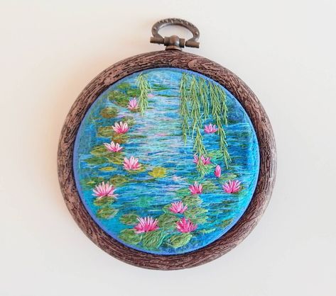 Water Lilies Impressionistic Hand Embroidery Claude Monet - Etsy Embroidery Water, Claude Monet Art, Learning To Embroider, Patchwork Clothes, Textile Art Embroidery, Monet Art, Embroidered Art, Brazilian Embroidery, Thread Painting