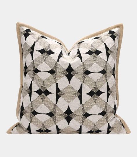 FREE WORLDWIDE SHIPPING ABOUT This geometric embroidered throw pillow cover is perfect for adding a touch of modern sophistication to your living room, bedroom, or home office. Mix and match with solid-colored or patterned pillows to create a dynamic and inviting atmosphere. With its exquisite craftsmanship and eye-catching design, this pillow cover is sure to become a cherished focal point in your home decor collection. SHIPPING & RETURNS Shipping: Free Shipping Worldwide Easy Returns: Not loving it? We offer returns for most items within 14 days of delivery for a refund or store credit. DIMENSIONS 45 x 45cm DETAIL Made of: Woven Poly & Jacquard. The back is velvet. Color: Black & Beige (various tones of beige) Closure Type: Zipper Includes: Some include only a cushion cover, while others Black And Khaki, Cover For Sofa, Geometric Cushions, Embroidered Throw Pillows, Embroidered Pillow Covers, Shades Of Beige, Cushion Pattern, Cushion Inserts, Geometric Pillow