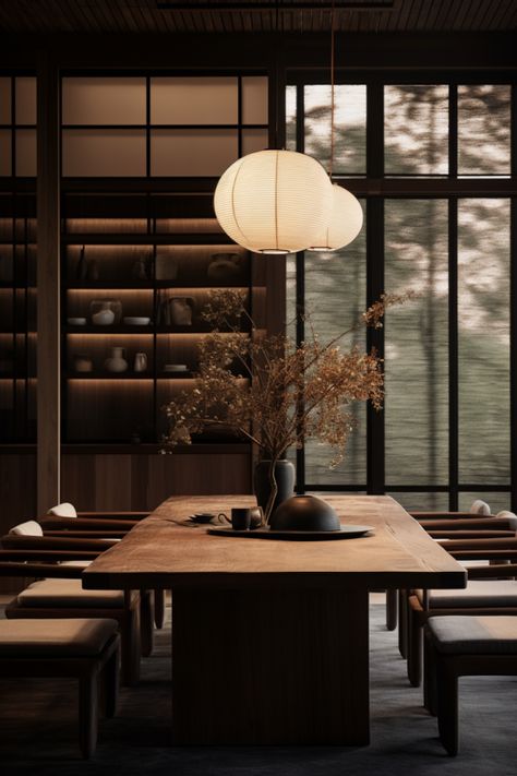 Japandi dining room with large table, chairs and tall windows which look on to a forest Dining Japandi, Japandi Dining Room Design, Interior Japandi, Kitchen Japandi, Palette Kitchen, Scandinavian Kitchen Ideas, Japanese Dining Table, Japandi Dining Room, Japandi Aesthetic