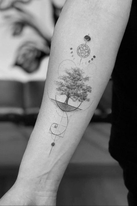 60 Best Tree Tattoos that will Heal Your Body and Soul in 2021 Fibonacci Tattoo, Tree Tattoo Forearm, Alchemy Tattoo, Unusual Tattoo, Tattoo Forearm, Tree Tattoo Designs, Tasteful Tattoos, Inspiration Tattoos, Gorgeous Tattoos