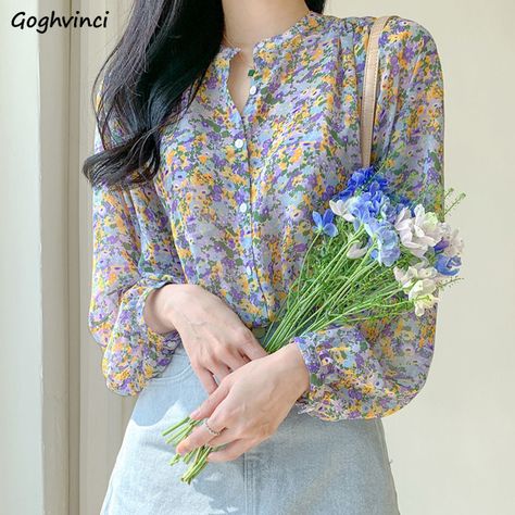 Smarter Shopping, Better Living! Aliexpress.com Printed Chiffon Blouse, Korean Shirt, Winter Blouses, Chiffon Tops Blouses, Fashion Stand, Chiffon Fashion, Sweet Floral, Chiffon Shirt, Elegant Shirt