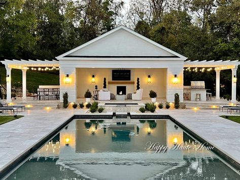 Pool House Reveal - Happy Haute Home - Happy Haute Home Pool House Open Air, Pool House With Screened In Porch, Unique Pool House Ideas, Pool House Covered Patio, Pool Cabana With Pergola, Backyard Pool House Cabanas, Black And White Pool House, Pool House With Pergola, Country House Pool Ideas