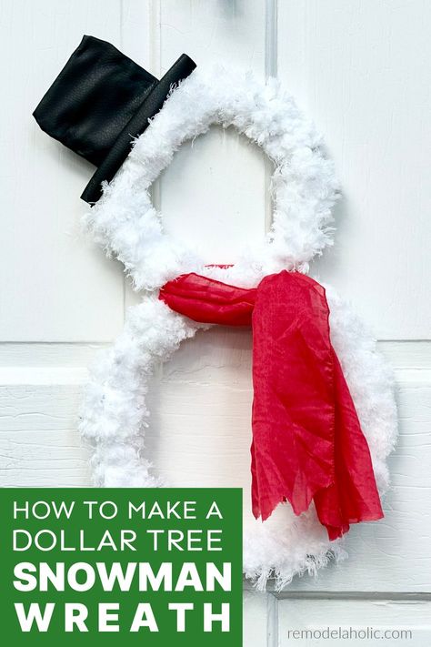 snowman wreath made from Dollar Tree materials How To Make Snowman Wreath, Winter Wreath Diy Dollar Stores, Snowmen Wreaths Diy, Snowman Wreaths For Front Door, Dollar Tree Mop Wreath, Diy Xmas Wreath Ideas, Loop Yarn Snowman, Diy Christmas Wreaths For Front Door Dollar Tree, Reindeer Wreath Diy