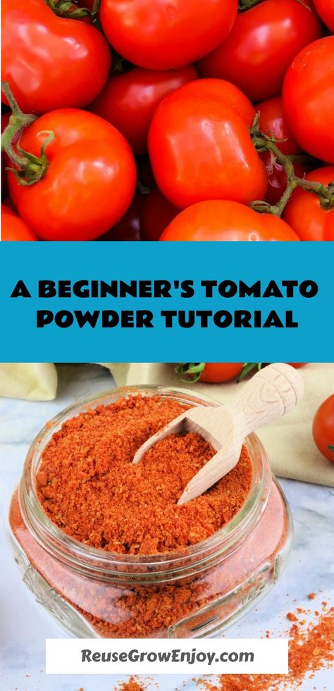 Bright red cherry tomatoes at the top and a jar of rich, red tomato powder with a wooden spoon at the bottom, indicating a tutorial on making tomato powder. Tomato Powder How To Make, Excess Tomatoes, Roasted Vegetables Seasoning, Tomato Powder, Fresh Tomato Recipes, Homemade Spice Blends, Tomato Season, Powder Recipe, Homemade Spices