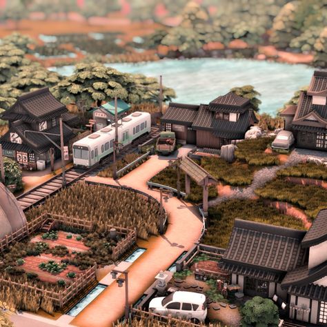 Sims 4 Retirement Village, Sims 4 Korean Lots, Sims 4 Train Station, Sims 4 Town Ideas, Sims 4 Village Lot, Sims 4 Town, Japanese Apartment Building, Sims Apartment, Minecraft Town Ideas