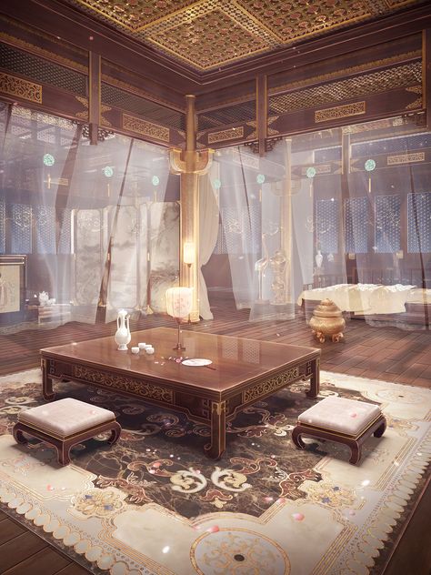 Traditional Chinese House, Chinese Room, Chinese Palace, Chinese House, Ancient Chinese Architecture, Chinese Interior, Fantasy Rooms, Asian Architecture, Scenery Background