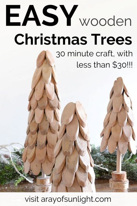 Make these easy DIY small wooden Christmas trees with driftwood in 30 minutes and with less than $30 for all 3 Christmas trees!! Love these driftwood Christmas trees for a farmhouse rustic style Christmas, beachy Christmas, or modern farmhouse style Christmas. They are perfect for TV Stand decor, shelf decor, Christmas centerpieces and more! #christmasinspiration #christmastree #woodchristmas Small Wooden Christmas Trees, Small Wood Christmas Tree, Beachy Christmas Decor, Wooden Christmas Trees Diy, Driftwood Christmas Tree, Tall Christmas Trees, Christmas Tree Base, Farmhouse Style Christmas, Beachy Christmas